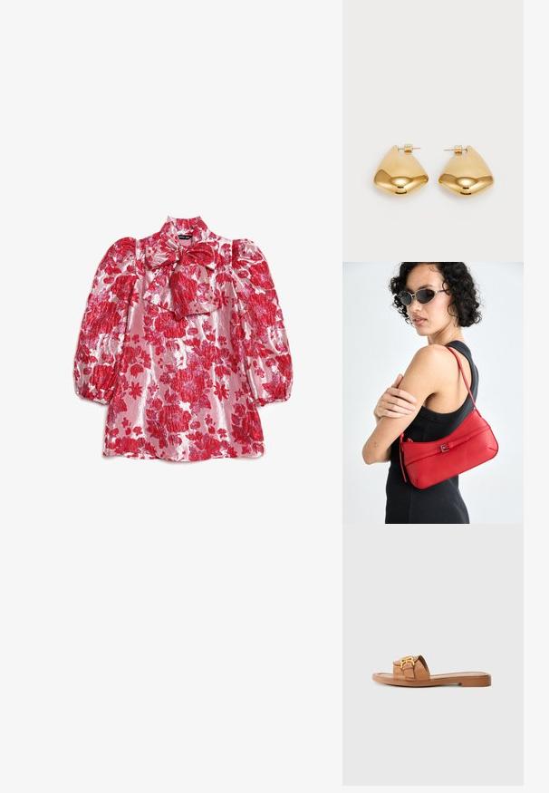 Red floral blouse with puff sleeves, high neck, and bow detail. Made of shiny fabric with a pattern of large flowers on a pink background.; Brown leather slide sandal with wide strap, gold hardware accent, flat sole, and minimalist design. Suitable for casual wear.; Red leather shoulder bag with a smooth texture, curved design, and a decorative buckle accent. Adjustable strap and zip closure.; Gold-tone metal earrings with a smooth, rounded triangular shape and post-back design; reflective surface with minimal detailing.