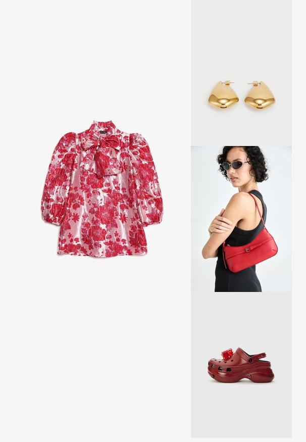Rode gebloemde blouse met pofmouwen, hoge hals en strikdetail. Gemaakt van glanzende stof met een patroon van grote bloemen op een roze achtergrond.; Rode plastic klomp met ventilatiegaten, een verhoging bij de hak en een bloemaccent bovenop. Voorzien van een achterkantstrap en textuur aan de zijkanten.; Rode leren schoudertas met een gladde textuur, gebogen ontwerp en een decoratieve sluiting. Verstelbare schouderband en ritssluiting.; Goudkleurige metalen oorbellen met een glad, afgerond driehoekig ontwerp en een post-back sluiting; reflecterend oppervlak met minimale details.