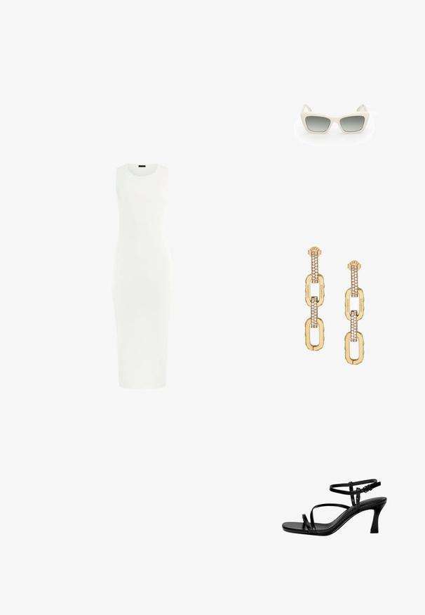 White ribbed midi dress with a round neckline and sleeveless design, featuring a fitted silhouette that tapers towards the hem.; Black leather heeled sandals featuring thin straps, a square toe, and a stiletto heel. Adjustable ankle strap for fit. Smooth texture.; Sunglasses with a cat-eye design, white plastic frame, gray gradient lenses, and thin temples featuring subtle branding detail.; Gold chain-link earrings featuring a clear crystal-accented design, with engraved "GUESS" branding and a smooth finish.