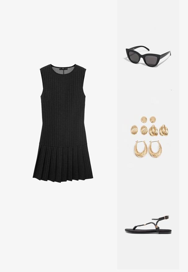 Sort ærmeløs kjole med vertikale striber, en tætsiddende overdel og en kigget nederdel. Stoffet er glat med en let struktureret finish.; Sorte flade sandaler med flettede stropper og en metallisk detalje. Har en justerbar spænde og flad gummisål for komfort.; Sorte cat-eye solbriller med mat finish, der har grå tonede linser, skarpe vinkler og slanke sidearme. Mærkenavnet er synligt på den indre arm.; Guldtonede øreringe sæt med tre par: teksturerede ovale studs, bølgende designs studs og store hoop øreringe med lagdelte rifler.