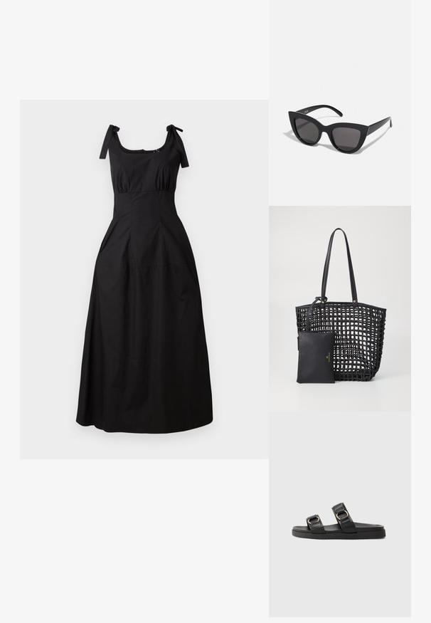 Svart maxikjole laget av glatt bomull, med firkantet halslinning, rynket liv og justerbare stropper. Utsvingt silhuett med sidelommer.; Svarte sandaler med flat såle, to justerbare stropper med gullfarget hardware, og en strukturert overdel.; Sorte katteau solbriller med mat finish, featuring grå tonede linser, skarpe vinkler og slanke sidearme. Merkenavn synlig på den indre armen.; Svart vevd tote bag med lange håndtak, som har en avtakbar svart veske med et gulllogo, teksturert overflate og åpen design.