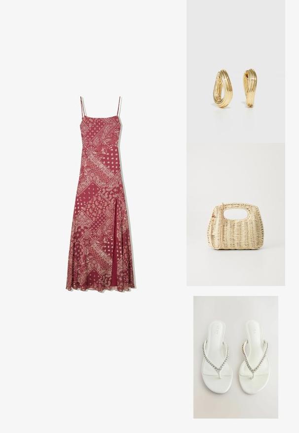 Dlouhá burgundská šaty se špagetovými ramínky, s krémovým paisley vzorem, rovný střih a přední rozparek pro snadnější pohyb.; Bílé žabky s hladkým povrchem, se strapcem ve tvaru V zdobeným průhlednými, třpytivými kamínky. Jednoduchý a elegantní design.; Tkaná slámová kabelka v světle béžové barvě s kulatým tělem, otevřenou horní částí a odnímatelným popruhem. Zajímavá textura a složitý vzor tkaní.; Zlaté kruhové náušnice s šroubovitým designem, které mají rýhovaný povrch a hladký finiš. Lehká a dutá konstrukce.