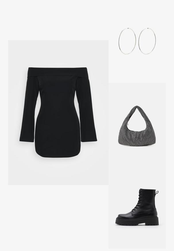 Czarna sukienka bez ramiączek z długimi rękawami, usztywnionym gorsetem i dopasowanym krojem. Wykonana z gładkiego materiału bez widocznych wzorów.; Czarne skórzane botki za kostkę z okrągłym noskiem, sznurówką z przodu i grubą gumową podeszwą z teksturowanym bieżnikiem. Pętelka do zakładania z tyłu.; Czarna torba o wypukłym kształcie hobo, wykonana z teksturowanej tkaniny z metalowymi ćwiekami. Posiada jeden uchwyt na górze, zamek błyskawiczny oraz miękką sylwetkę.; Srebrne kolczyki na kółku o gładkim, okrągłym kształcie i wypolerowanym wykończeniu. Są cienkie i lekkie, z prostym zapięciem.