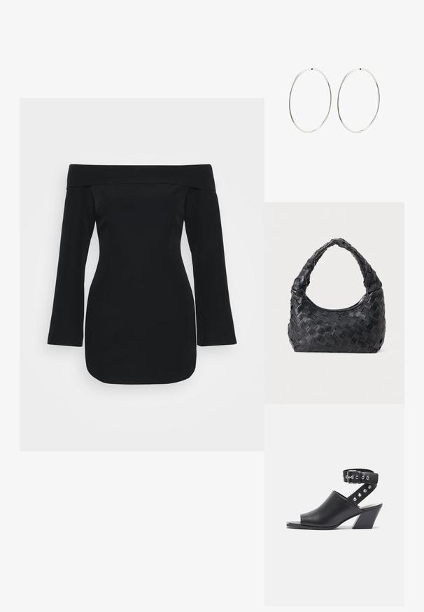 Juoda off-the-shoulder suknelė su ilgomis rankovėmis, struktūrizuotu korpusu ir aptemptu siluetu. Pagaminta iš lygios medžiagos be matomų raštų.; Atidarytos nosinės juodos odinės aukštakulnės šlepetės su kulkšnies dirželiu, turinčios sagtį ir sidabrinius studai ant dirželio, su blokuoto tipo kulnu.; Juodas odinis pintas peties krepšys su apvaliu rankena ir pusmėnulio formos korpusu ant lygaus fono.; Sidabriniai auskarai-žiedai su lygiu, apvaliu dizainu ir blizgiu paviršiumi. Jie yra ploni ir lengvi, turintys paprastą užsegimą.