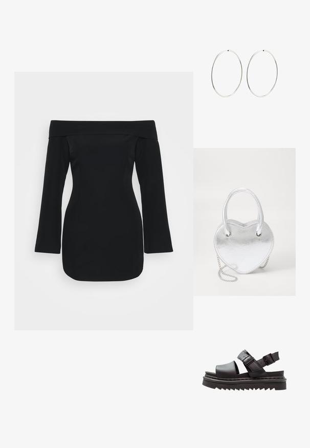 Mustatyylinen musta hihaton mekko, jossa on pitkät hihat, jämäkkä vartaloosa ja tiukka siluetti. Valmistettu sileästä kankaasta, jossa ei ole näkyviä kuvioita.; Mustat nahka-sandaalit, joissa on leveä varvasremmi, kaksi säädettävää solkea ja paksu, uurrettu pohja vakauden takaamiseksi.; Hopeakimmeltä sydämenmuotoinen käsilaukku, jossa on kaksinkertaiset kahvat, ketjuhihna ja sileä pinta. Varustettu metalliosilla ja ommelluilla reunoilla.; Hope hopeita hopeita, joissa on sileä, pyöreä muoto ja kiiltävä pinta. Ne ovat ohuita ja kevyitä, ja niissä on yksinkertainen lukitus.