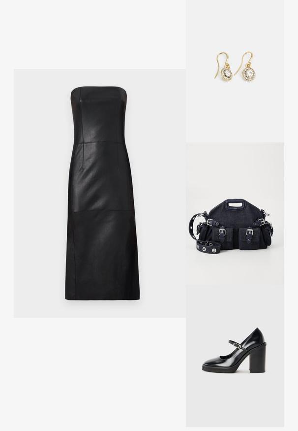 Maje REATHER - Kokteilikleit/peokleit - noir; Must musta kõrge kontsaga king, mustast läikivast nahast, ümarate varvaste ja pahkluule kinnitatava rihmaga, hõbedase pandlaga ning ruudukujulise kõrge kontsaga.; Tumedat sinise denimi kott, millel on ümar kuju, mitmed välised taskud, reguleeritav rihm ja hõbedased detailid. Ülemine käepide on lisatud.; Kuldtooni kõrvarõngad ovalikujuliste selgete kristallidega, mille ümber on väiksemad selged kivid, ja kaarvormiga disain, et tagada kindel kandmine.