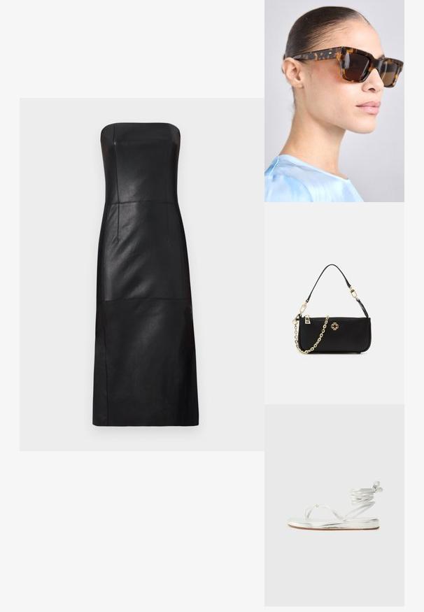 Maje REATHER - Cocktailjurk - noir; Zilveren metallic sandalen met een teenstuk ontwerp, een enkelband en een platte zool met een geprofileerde afwerking.; Schildpaddenbril met een robuust, rechthoekig montuur. Donkere lenzen en goudkleurige accenten op de veren. Gladde, glanzende afwerking.; Zwarte handtas met een gladde textuur, voorzien van een gouden schouderband, ritssluiting en een decoratief gouden embleem aan de voorkant.