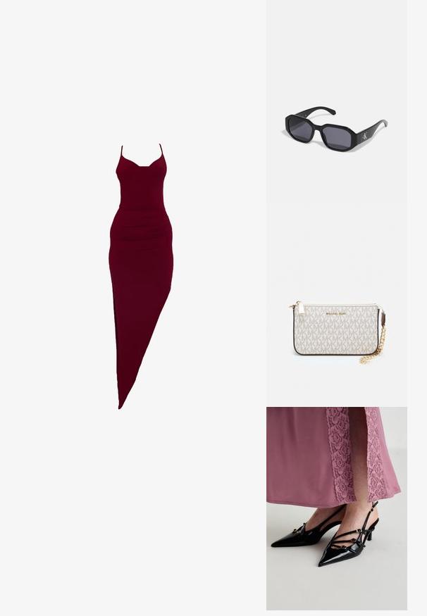 Burgundy fitted dress with spaghetti straps, featuring a side slit and ruched detailing at the waist, made of stretchy fabric.; Black patent leather slingback heels with pointed toes, featuring multiple thin straps and gold-tone buckle accents.; Black sunglasses with an octagonal frame, dark lenses, glossy plastic material, and a silver logo accent on one side.; Michael Kors wristlet in beige coated canvas featuring a repeating MK logo pattern, gold hardware, and a detachable chain strap.; Gold metallic earrings with a wavy design; smooth, reflective surface; asymmetric shape; no visible patterns or hardware.
