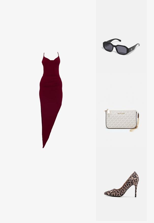 Robe ajustée bordeaux avec des bretelles spaghetti, présentant une fente sur le côté et des détails froncés à la taille, fabriquée en tissu extensible.; Chaussure à talons aiguilles en imprimé léopard avec un bout pointu, en tissu texturé, talon stiletto de 10 cm et doublure intérieure lisse.; Lunettes de soleil noires avec une monture octogonale, verres sombres, matériau plastique brillant et un accent de logo argenté sur un côté.; Porte-monnaie Michael Kors en toile enduite beige avec un motif répété de logo MK, des accessoires en or et une bandoulière en chaîne amovible.; Boucles d'oreilles en métal doré avec un design ondulé ; surface lisse et réfléchissante ; forme asymétrique ; sans motifs ni éléments visibles.