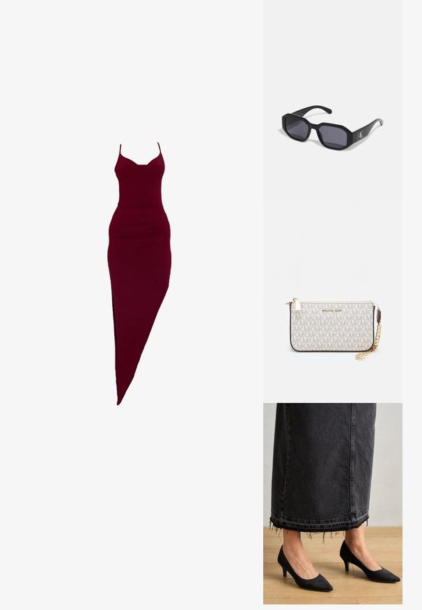 Bordeaux fittet kjole med spaghetti stropper, med en sideslitt og rynket detalj ved midjen, laget av stretchy stoff.; Sorte semskede pumps med spiss tå og en 3-tommers hæl, parret med en lang, mørk denimskjørt med frynsete detaljer på kanten.; Svarte solbriller med åttekantet ramme, mørke linser, glatt plastmateriale og en sølvfarget logoakcent på den ene siden.; Michael Kors håndleddsveske i beige belagt kanvas med et gjentakende MK-logo mønster, gullfarget maskinvare og en avtakbar kjede-rem.; Gullmetalliske øredobber med bølgete design; glatt, reflekterende overflate; asymmetrisk form; ingen synlige mønstre eller hardware.