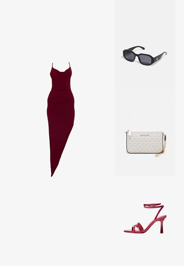 Burgundská priliehavá šaty s tenkými ramienkami, s bočným rozparkom a skladaním v oblasti pásu, vyrobené z elastického materiálu.; Červené lakované kožené sandále na vysokom podpätku s popruhovým dizajnom, vybavené jedným prackovým zapínaním na členku a zužujúcim sa podpätkom pre stabilitu.; Čierne slnečné okuliare s osemhranným rámom, tmavými šošovkami, lesklým plastovým materiálom a strieborným logom na jednej strane.; Michael Kors zápästná taška v béžovej potiahnutej plátenej tkanine s opakujúcim sa vzorom loga MK, zlatým kovania a odnímateľným reťazovým popruhom.; Zlaté kovové náušnice s vlnitým dizajnom; hladký, reflexný povrch; asymetrický tvar; žiadne viditeľné vzory alebo hardvér.