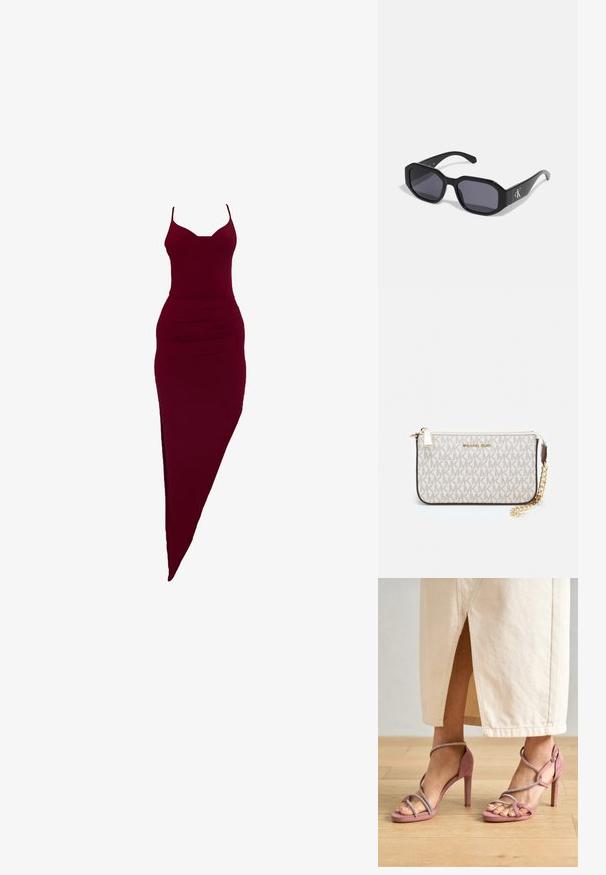 Rochie ajustată burgundă cu bretele subțiri, având o deschidere pe lateral și detalii pliate la talie, realizată dintr-un material elastic.; Sandale cu toc înalt din suede roz, cu curele împletite și embellishments argintii, având un design cu vârf deschis și o suprafață texturată.; Ochelari de soare negri cu un cadru octagonal, lentile întunecate, material plastic lucios și un accent cu logo argintiu pe o parte.; Clutch Michael Kors din canva acoperit bej, cu un model repetitiv al logo-ului MK, accesorii din aur și o curea cu lanț detașabil.; Cercei metalici aurii cu un design ondulat; suprafață netedă și reflectorizantă; formă asimetrică; fără modele sau accesorii vizibile.