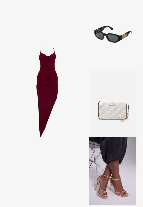 Vestido ajustado de cor burgundy com alças finas, apresentando uma fenda lateral e detalhes franzidos na cintura, feito de tecido elástico.; Sandálias de salto beje com embellissements em cristal, apresentando uma ponta aberta, tiras finas e um silhueta elegante.; Óculos de sol pretos com uma armação geométrica robusta, lentes escuras e detalhes em metal dourado nas hastes, apresentando um emblema redondo.; Pochete Michael Kors em tela revestida bege com padrão repetido do logotipo MK, ferragens douradas e uma alça de corrente destacável.