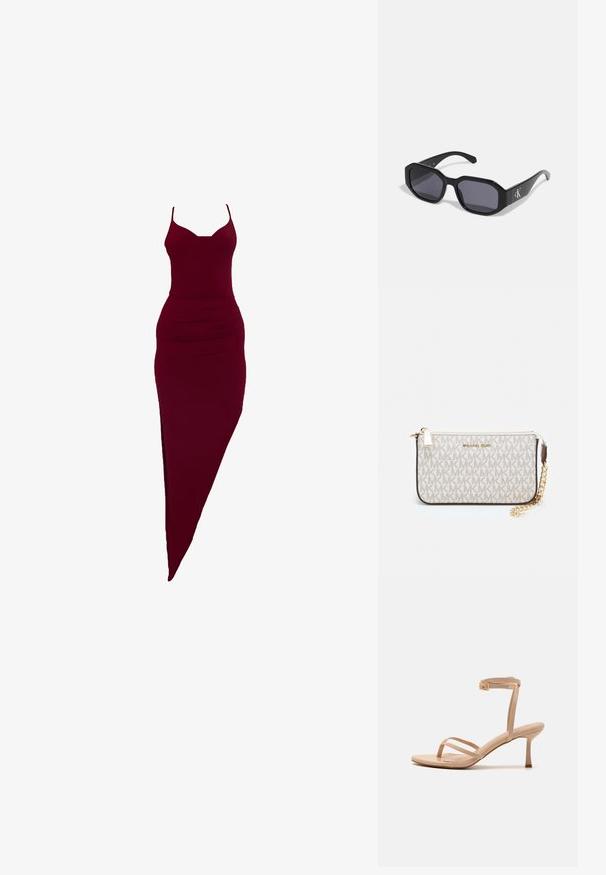 Burgundy fitted dress with spaghetti straps, featuring a side slit and ruched detailing at the waist, made of stretchy fabric.; Nude strappy high-heeled sandals with a thin ankle strap and a tapered heel. Made of smooth material with minimalistic design and no patterns.; Black sunglasses with an octagonal frame, dark lenses, glossy plastic material, and a silver logo accent on one side.; Michael Kors wristlet in beige coated canvas featuring a repeating MK logo pattern, gold hardware, and a detachable chain strap.; Gold metallic earrings with a wavy design; smooth, reflective surface; asymmetric shape; no visible patterns or hardware.