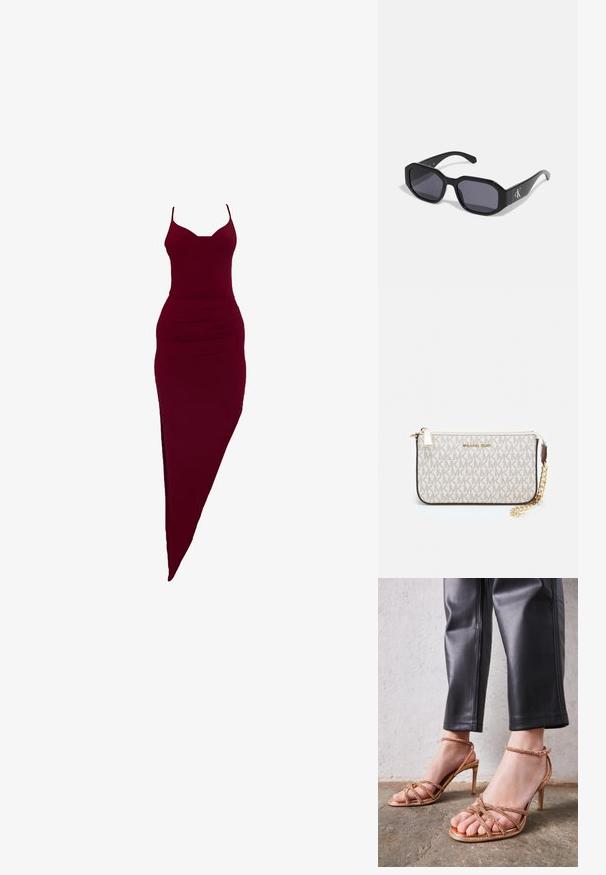 Bordeaux fittet kjole med spaghetti stropper, med en sideslitt og rynket detalj ved midjen, laget av stretchy stoff.; Rosa gull hæler sandaler har kryssende stropper dekorert med små perler. Hælene er slanke, med en blank finish og justerbare ankelstropper.; Svarte solbriller med åttekantet ramme, mørke linser, glatt plastmateriale og en sølvfarget logoakcent på den ene siden.; Michael Kors håndleddsveske i beige belagt kanvas med et gjentakende MK-logo mønster, gullfarget maskinvare og en avtakbar kjede-rem.; Gullmetalliske øredobber med bølgete design; glatt, reflekterende overflate; asymmetrisk form; ingen synlige mønstre eller hardware.