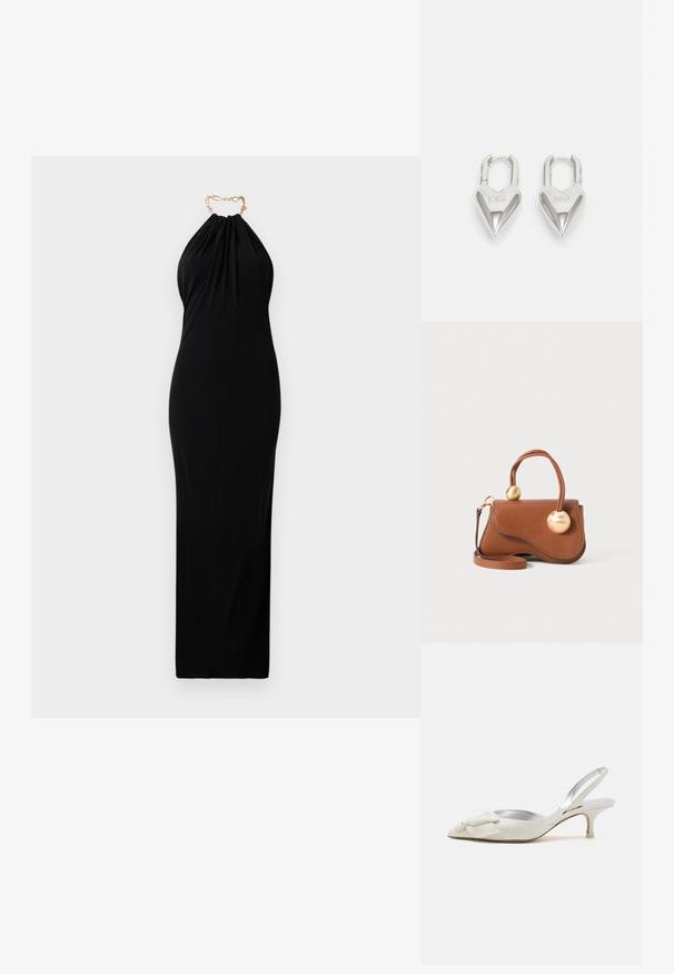 Fekete, nyakpántos ruha, drapériával, arany lánccal a nyaknál. Testhez simuló szabás, sima textúra és teljes hosszúságú kialakítás.; Fehér bőrből készült slingback sarok, hegyes orral, díszes masni részlettel, ezüst béléssel és karcsú stiletto sarokkal.; Barna bőrtáska hullámos dizájnnal, két kör alakú arany díszítéssel és levehető vállpánttal a sokoldalú hordozhatóság érdekében.; Ezüst szív alakú lakatok, amelyeken vésett "IGEN" és "NEM" feliratok találhatók, polírozott felület, szimmetrikus kialakítás és robusztus fémcsat.