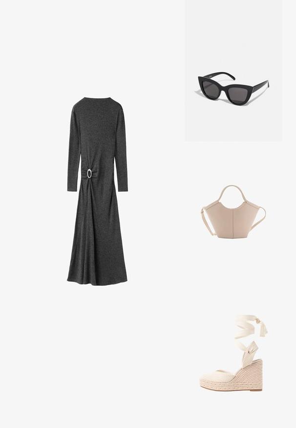 Grijze jurk met lange mouwen, gemaakt van zachte stof. Heeft een draaideel in de taille met een ronde zilveren hardware accent. Vloeiende rok.; Hakken sandaal met een geweven beige bovenkant, stoffen enkelriem en gevlochten jute hak. Heeft een gesloten hiel en een open teen ontwerp.; Zwarte cat-eye zonnebril met een matte afwerking, voorzien van grijs getinte glazen, scherpe hoeken en slanke zijarmen. Merkennaam zichtbaar op de binnenarm.; Beige leren handtas met een unieke vorm, voorzien van twee korte handvatten en een lange verstelbare schouderriem. Glad oppervlak met minimale hardware.