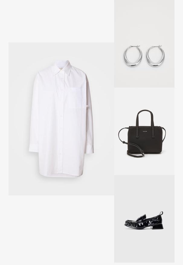 Calvin Klein Jeans OVERSIZED MINI SHIRTDRESS - Särkkleit - brilliant white; Must sünge mustast lakknahast loafer ruudukujulise varbaga, kogutud detailide, madala plokknõelaga ja tagaküljel tõmbluku lingiga valge tausta peal.; Musthave mustrans vöö ja eemaldatav õlarihm. Gludike nahk siledaga, millel on tõmblukk ja logo detail.; Polished hõbedased kuplikuulidega kumerad kõrvarõngad, millel on hingedega klambrid, valgel taustal.