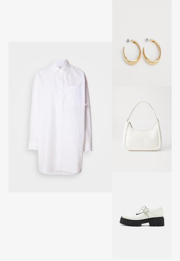 Calvin Klein Jeans OVERSIZED MINI SHIRTDRESS - Shirt dress - brilliant white; White patent leather shoe with a T-bar design, silver buckle, thick black rubber sole, and textured accents on the heel and sole.; White leather handbag with a curved shape, featuring an embossed "CK" logo on the front and a single shoulder strap. Zipper closure at top.; Gold-colored hoop earrings with a smooth, curved design. Made of metal, featuring a sleek finish and post-back closure.