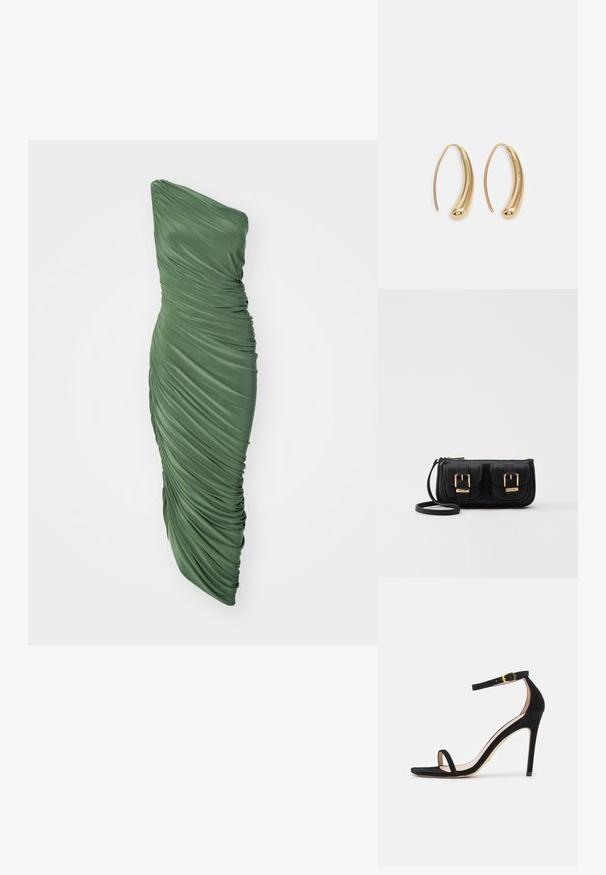 Grünes, einseitig trägerloses Kleid aus gerafftem, strukturiertem Stoff, das eine figurbetonte Silhouette hat, die bis zum Saum fließt.; Stuart Weitzman NUDISTCURVE - Riemensandalette - black; Schwarze Leder-Umhängetasche mit zwei vorderen Taschen, goldenen Schnallen, Reißverschluss und einem schmalen Tragegurt. Texturierte Oberfläche und kompakte rechteckige Form.; Goldfarbene Metall-Hoops mit einer geschwungenen, länglichen Form. Sie verfügen über eine glatte, glänzende Oberfläche und eine abgerundete Spitze für zusätzliche Details.