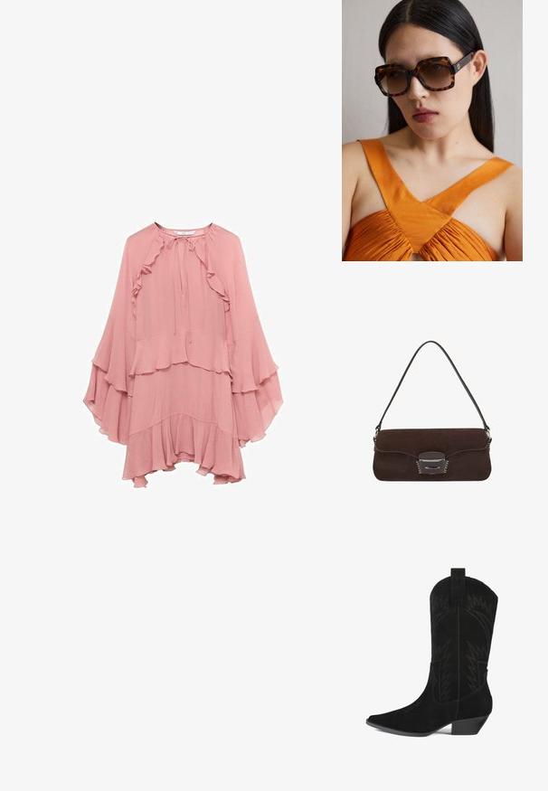 Różowa sukienka z szyfonu o luźnym kroju, z falbanami przy dekolcie, rękawach i dole, oraz z wiązaniem przy szyi.; Czarne zamszowe kowbojki z ostrym czubkiem, średniej wysokości cholewką i zygzakowymi detalami szycia. Posiadają niski, zwężający się obcas.; Brązowe okulary przeciwsłoneczne w tortoise shell o dużym prostokątnym oprawie i gradientowych soczewkach. Złota detalacja logo po boku.; Brązowa torebka zamszowa z długim skórzanym paskiem, srebrnymi akcentami, prostokątnym kształtem i płaską klapą z centralnym ozdobnym elementem.