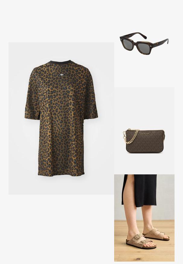 T-shirt con stampa leopardata a maniche corte, in tonalità di marrone e nero, con scollo rotondo e logo ricamato al centro.; Sandali in suede beige con due cinturini regolabili, plantare in sughero e suole in gomma, mostrati indossati su uno sfondo di pavimento in legno.; Occhiali da sole rettangolari con montatura in plastica tartarugata, lenti scure e dettagli argentati sui lati. Made in Italy.; Borsa a tracolla in pelle marrone con motivo logo, tracolla in catena dorata, chiusura con zip e dettagli in metallo dorato. Forma compatta e rettangolare.