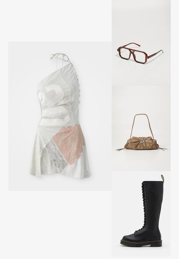 Az aszimmetrikus ruha szürke anyagból készült, foltvarrás mintával, fehér és világos rózsaszín csipke díszítésekkel, valamint egy nagy, fehér 26-os számmal.; Fekete, térd fölé érő bőrcipők masszív talppal, fűzős elülső résszel, fém szemelyekkel és kontrasztos sárga varrással.; Barna, áttetsző, oversize szemüveg, téglalap alakú lencsékkel és karcsú szárakkal. Szögletes, enyhén kerekített sarkok, látható fém akcentusok.; Barna bőrtáska ráncolt elülső résszel, ezüst színű fém kiegészítőkkel és egyetlen pánttal. Simább textúrájú, téglalap alakú.