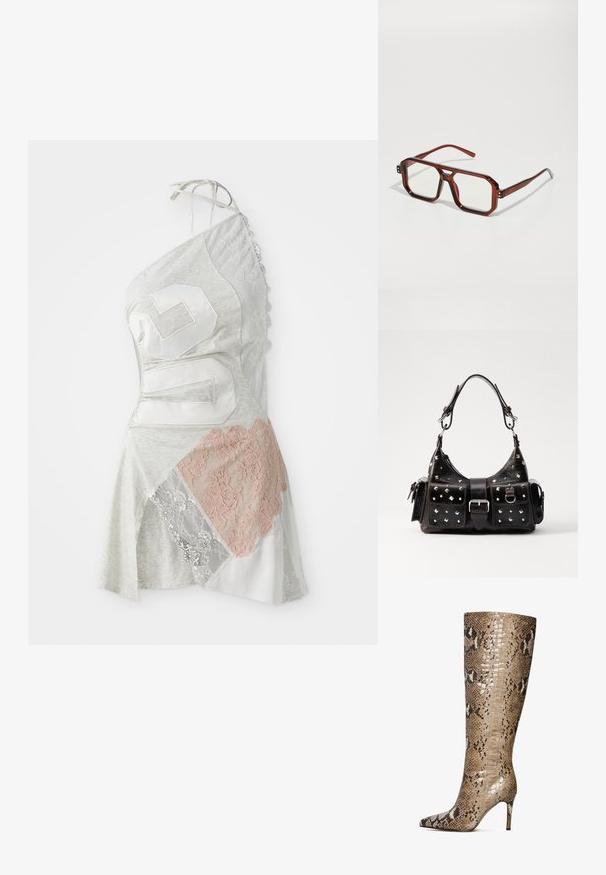 Il vestito asimmetrico presenta un tessuto grigio con un design a patchwork, inclusi dettagli in pizzo bianco e rosa pallido, e un grande numero bianco 26.; Stivale al ginocchio con tacco a spillo realizzato in pelle lucida con motivo rettile, nei toni beige, marrone e crema, con punta affusolata e tacco di 3 pollici.; Occhiali trasparenti marroni di grandi dimensioni con lenti rettangolari e aste sottili. Angoli angolati e leggermente arrotondati con accenti di hardware visibili.; Borsa in pelle nera con accenti a borchie, forma rettangolare, due tasche frontali e manico curvo. Dettagli con chiusura a fibbia e a scatto.