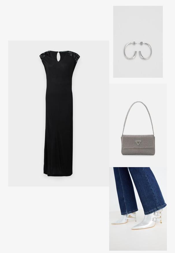 Juoda grindų ilgio suknelė su V formos iškirpte, trumpomis rankovėmis ir rakto skylutės tipo nugara. Papuošta dekoratyvine juostele palei pečius.; Sidabriniai, metaliniai kulkšnės batai su smailiu pirštu ir dviem sagtimis. Dėvimi su tamsiai mėlynu, šiek tiek platėjančiu džinsiniu kelnių. ; Šviesiai pilka metalinė rankinė su grandinėlės dirželiu, papuošta mažais apvaliais metaliniais smeigėmis ir trikampiu prekės ženklu.; Sidabriniai lankelio formos auskarai su lygiu, blizgiu paviršiumi, išlenktos formos ir su užsegimu. Minimalistinio dizaino su moderniu apdaila.