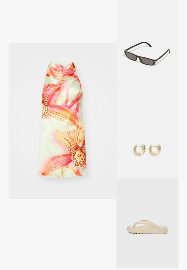 Kukkakuvioinen halterneck-mekko vaaleanvihreällä taustalla, jossa on kirkkaan vaaleanpunaisia ja oransseja kukkia, sileä texture ja elegantti laskos.; Beige flip-flop sandaali, joka on valmistettu kumista, ja siinä on yksi varvasnauha ja paksu pohja, jossa on kuvioitu pito. Merkitty Fila-logolla.; Mustat suorakulmaiset aurinkolasit tummilla linsseillä. Muovinen kehys, jossa matta pinta. Kultaisia korosteita varsilla ja logovalmennuksessa.; Kulta sävyiset renkaat, joissa on sileä ja kiillotettu pinta. Ominaisuuksia ovat puolikuun muoto ja turvallinen painike suljenta.