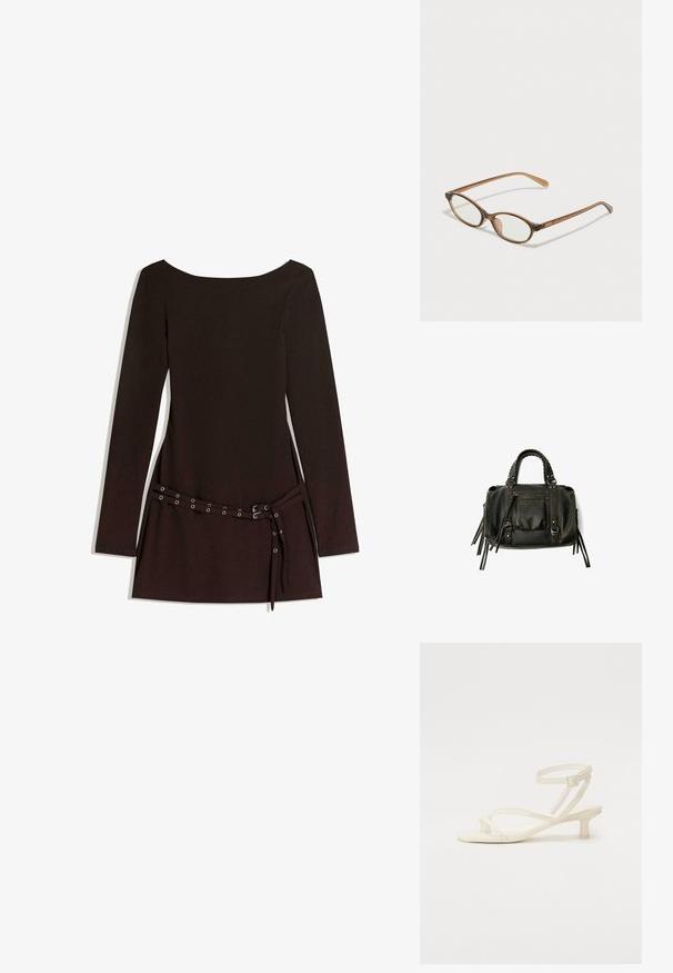 Musta pitkähihainen mekko, jossa on leveä kaula-aukko, vyötäröllä vyö metallisilla silmäpaloilla ja sileä kangas.; Vaalean ivory-värinen narukorkokenkä, jossa on matala lohkare.; Ruskeat kilpikonnaruutulasiset silmälasit, joissa ovaalit linssit, ohuet varret ja läpinäkyvät yksityiskohdat. Temppeleissä on huomaamaton logo. Suunnittelultaan suora ja kevyt.; Musta nahkainen käsilaukku letitetuilla kahvoilla, vetoketjullinen tasku ja roikkuvat tupsut. Muotoiltu pinta metallisten niittien ja varusteiden korostuksilla.