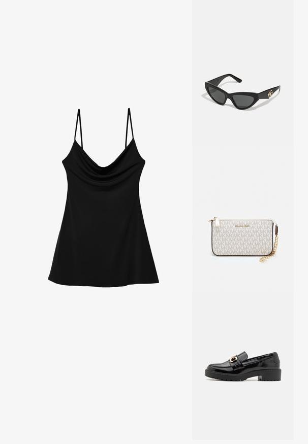 Mustat hihattomat yläosat, joissa on kauluskanta, valmistettu sileästä kankaasta. Ominaisuuksiin kuuluvat ohuet säädettävät hihnat ja levenevä, virtaava siluetti.; Musta patentoitu nahkaloaferi matalalla lohkokorkealla, jossa on näkyvä kultasävyinen solki ja teksturoitu, uritettu ulkopohja.; Aurinkolasit kissansilmällä, joissa on matta musta muovikehys, tummat linssit ja kultainen logokiinnitys temppeleissä. Kulmikas muotoilu ja sileä pinta.; Michael Kors kääröbeige pinnoitettua kangasta, jossa on toistuva MK-logo -kuvio, kultaiset yksityiskohdat ja irrotettava ketjuhihna.