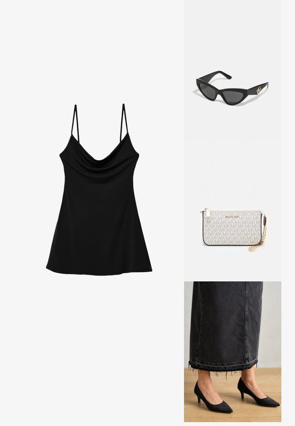 Svart ärmlös topp med en cowl-halsringning, tillverkad av mjukt tyg. Den har tunna justerbara axelremmar och en vid, svängande silhuett.; Svarta mockaskor med spetsig tå och 7,5 cm klack, som är parat med en lång, mörk denimkjol med fransade detaljer i nederkant.; Kattögon-solglasögon med en matt svart plastbåge, mörka linser och en guldlogotyp som accent på skalmen. Vinklad design och jämn yta.; Michael Kors handledos i beige belagd kanvas med ett upprepande MK-logomönster, gyllene detaljer och ett avtagbart kedjehandtag.