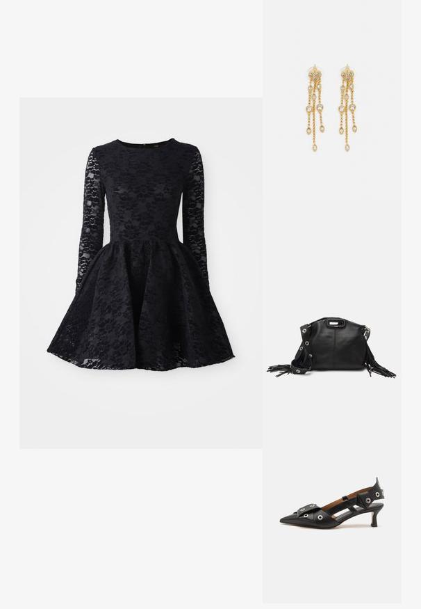 Melnas mežģīņu kleitas ar garām piedurknēm, apaļu kakla izgriezumu un platam svārkiem. Mežģīņu virsma rotāta ar ziedu rakstu visā kleitā.; Melnas ādas slingback kurpes ar norādītu purngalu, kurām ir dekoratīvi cilpas, zema kaķa papēža un izgriezuma sānu dizains.; Maje MISS MINI - Soma ar siksnu pāri ķermenim - noir; Zelta tonī auskari ar vairākiem kaskādes ķēdēm, kas rotāti ar caurspīdīgiem ovāliem rhinestone akcentiem un dekoratīvām pīrsingiem.