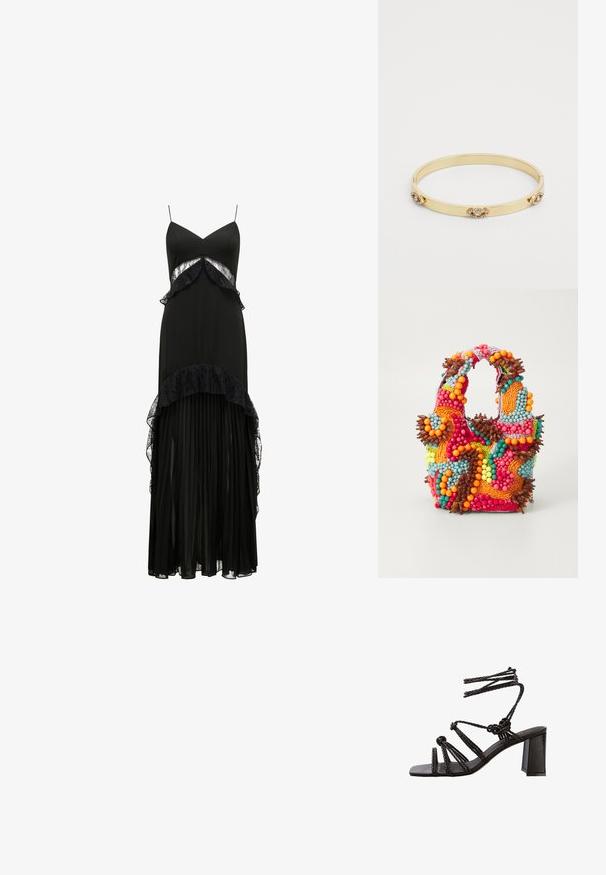 Černé maxi šaty s tenkými ramínky, krajkovými detaily, vrstvenými volánky v pase a skládáním na sukni. Hladká textura, elegantní silueta.; Černé sandály na podpatku s pletenými pásky, masivním blokovým podpätkem a plochou čtvercovou špičkou. Vyrobené z hladké kůže s texturovaným povrchem.; Beaded kabelka s živými barvami: růžovou, oranžovou, modrou a hnědou. Texturovaný povrch s kulatými korálky a organickými tvary, pevné uchy.; Zlatý náramek s elegantním designem, který obsahuje tři dekorativní akcenty se třpytivými drahokamy po stranách. Hladký povrch.
