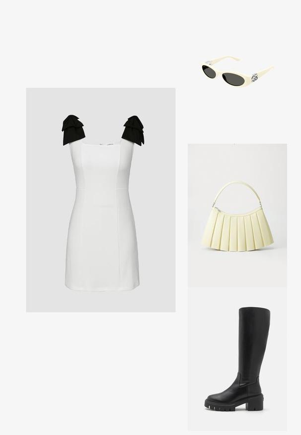 Valge lühike kleit ruudukujulise dekolteega, tekstuurse kangaga ja mustade volangakinnitusdetailidega õlavarre rihmadel. Kerekuju järgiv disain, millel on puhtad jooned.; Sääre kõrgused mustad nahast saapad, millel on sujuv tekstuur, jäme platvormitald ja ruudukujuline varvas. Minimalistlik stiil, ilma nähtavate aksessuaarideta.; Kreemivärvi prillid ovaalsete läätsede, musta tooniga ja metallist logo detailidega templites. Sile tekstuur, kiisasilma disain.; Kreemi värvi volditud käekott, millel on üks kõver käepide ja hõbedane tõmblukk, valge tausta kohal.