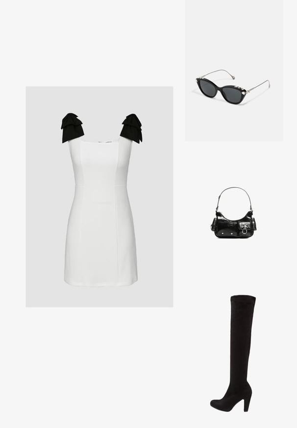 Biele krátke šaty so štvorcovým výstrihom, textúrovaná tkanina a čierne volániky na ramenných popruhoch. Dobre padnúci strih s čistými líniami.; Čierne nadkolienkové čišmy z jemného semišu, s priliehavým strihom a vysokým masívnym podpätkom. Hladký povrch s minimálnym hardvérom.; Čierne mačacie slnečné okuliare so šedými sklíčkami, s kovovým rámom a dekoratívnymi rhinestónmi pozdĺž horného okraja. Minimalistický dizajn s elegantnými líniami.; Čierna laková kožená kabelka s ohnutým tvarom, jedným ramenným popruhom, prednými vreckami a striebornými kovovými doplnkami.