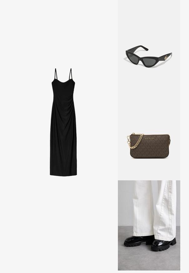 Black midi dress with thin adjustable straps, featuring a draped design and smooth texture. No visible patterns or embellishments.; Black chunky-soled shoes with a glossy finish, paired with white wide-leg pants. Notable thick tread and smooth texture on shoes.; Cat-eye sunglasses with a matte black plastic frame, dark lenses, and a gold logo accent on the temple. Angular design and smooth texture.; Brown leather crossbody bag with logo pattern, gold chain strap, zipper closure, and gold hardware accents. Compact and rectangular shape.