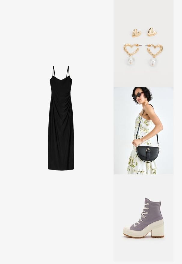 Mustat midi-mekko, jossa on ohuet säädettävät olkaimet. Mekossa on liehuva muotoilu ja sileä pinta. Ei näkyviä kuvioita tai koristeluja.; Löysät purppuranväriset nilkkaketjut valkoisilla nauhoilla, kuminen varvastoppa ja jykevät valkoiset korot. Teksturoitu pito-osa lisävetovoimaksi.; Musta nahkainen käsilaukku, joka on kaareva muotoilultaan, irrotettavalla hihnalla ja kultaisilla yksityiskohdilla. Laukussa on läppä, jossa on solk yksityiskohta.; Kultaiset sydämenmuotoiset korvakorut, joissa on teksturoitu pinta ja roikkuva helmikoriste. Mukana on myös yhteensopivat sydänkorvakuulokkeet.