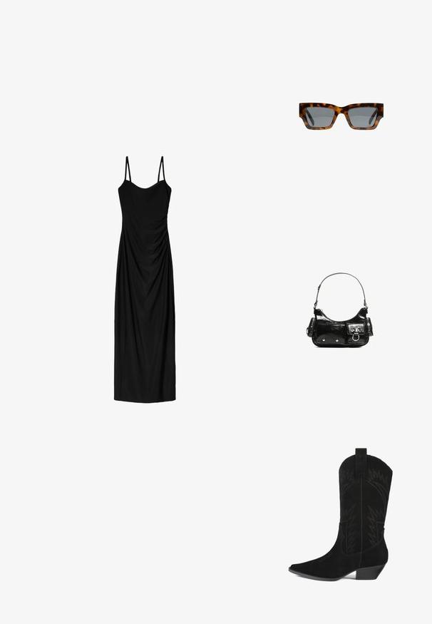 Schwarzes Midi-Kleid mit dünnen verstellbaren Trägern, das ein drapiertes Design und eine glatte Textur aufweist. Keine sichtbaren Muster oder Verzierungen.; Schwarzer Wildleder-Cowboystiefel mit spitzem Zeh, mittelhohem Schaft und Zickzack-Stichdetails. Verfügt über einen niedrigen, verjüngten Absatz.; Schildpatt-Sonnenbrille mit eckigen Rahmen, grauen Gläsern und einer glatten Oberfläche. Verfügt über ein mutiges geometrisches Design und dicke Bügel.; Schwarze Lackleder-Handtasche mit geschwungenem Design, einem Schulterriemen, Vordertaschen und silberfarbenen Hardware-Akzenten.