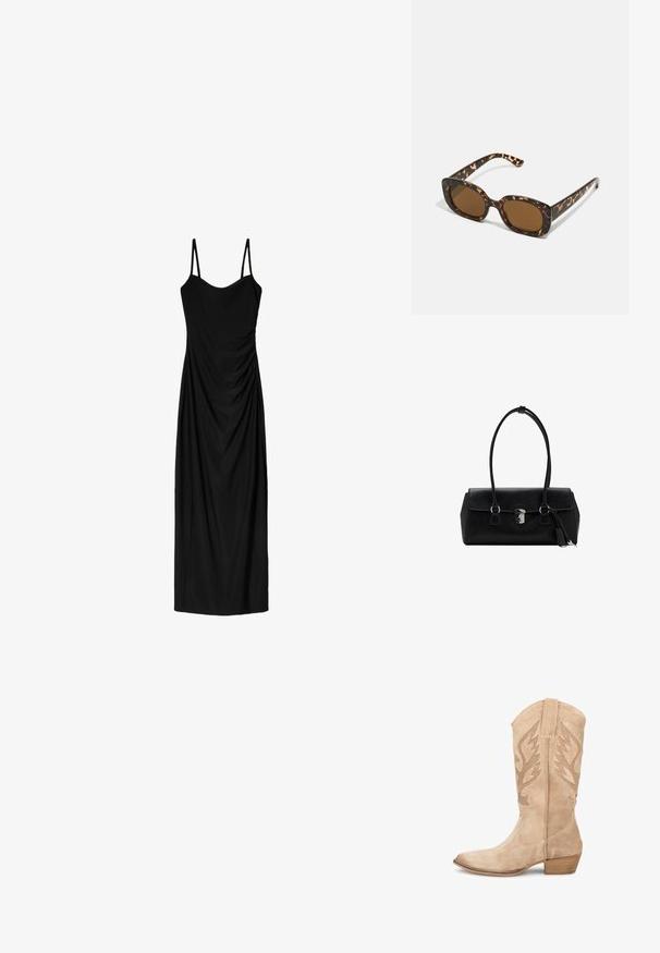 Schwarzes Midi-Kleid mit dünnen verstellbaren Trägern, das ein drapiertes Design und eine glatte Textur aufweist. Keine sichtbaren Muster oder Verzierungen.; PS POELMAN Cowboy-/Bikerboot - middle beige; Schildpatt-Sonnenbrille mit einem runden, klobigen Rahmen und braunen Gläsern. Verfügt über dezente Muster und gerade, zulaufende Bügel.; Schwarze Lederhandtasche mit glatter Textur, strukturiertem Design, doppelten Griffen und einem silbernen Verschlussdetail in der Mitte.