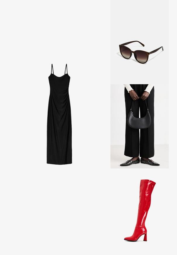 Zwart midi-jurk met dunne verstelbare bandjes, voorzien van een gedrapeerd ontwerp en een gladde textuur. Geen zichtbare patronen of versieringen.; Rode lakleren laarzen tot boven de knie met een spitse neus en een gedurfde blokhak. Heeft een glanzende afwerking en naaddetails langs de schacht.; Bruine gradient zonnebril met oversized ronde lenzen, glanzende schildpadachtige frames en slanke armen met subtiele metalen accenten.; Zwarte lederen schoudertas met een ronde vorm, glanzende afwerking en zilverkleurige hardware. Persoon in zwarte wijde broek en gestifte loafers.