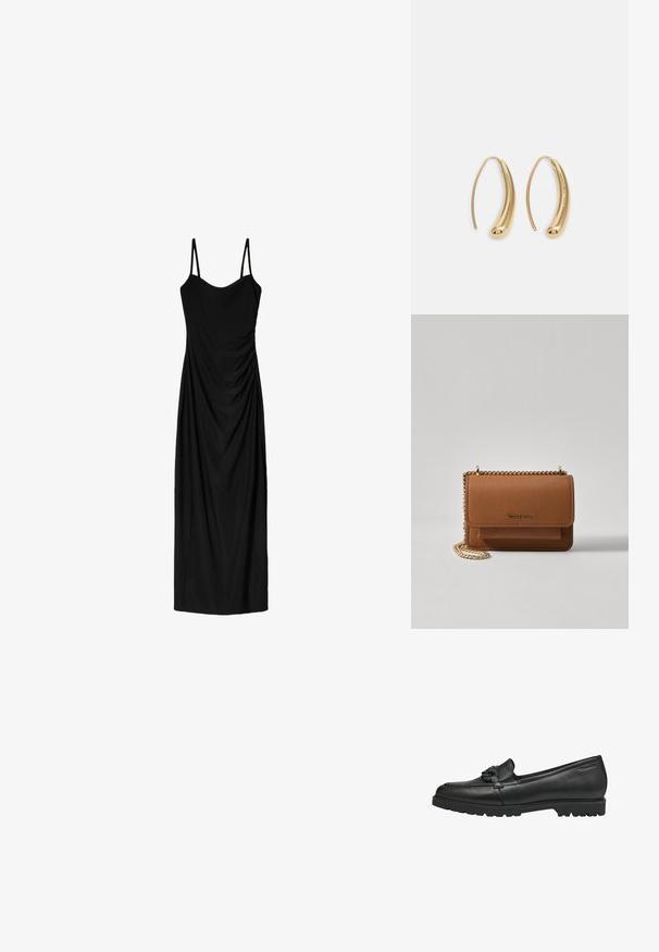 Black midi dress with thin adjustable straps, featuring a draped design and smooth texture. No visible patterns or embellishments.; Black leather loafer with a rounded toe, featuring a decorative bow detail and a textured rubber sole for grip. Simple and flat design.; Brown textured leather crossbody bag with gold chain strap and flap closure. Front features logo detail and a pocket under the flap.; Gold-tone metal hoop earrings with a curved, elongated shape. Features a smooth, shiny surface and a rounded tip for added detail.