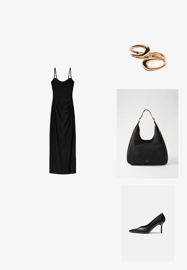 Černé midi šaty s tenkými nastavitelnémi ramínky, s draped designem a hladkou texturou. Žádné viditelné vzory nebo ozdoby.; Černé kožené lodičky na vysokém podpatku s špičatou špičkou a štíhlým stiletto podpatkem, které mají hladkou texturu a minimalistický design.; MICHAEL Michael Kors NOLITA HOBO  - Kabelka - black; Náušnice zlaté barvy vyrobené z kovu, které mají vzájemně propojený abstraktní oválný design s lesklým povrchem a otevřenými vyřezávanými akcenty.