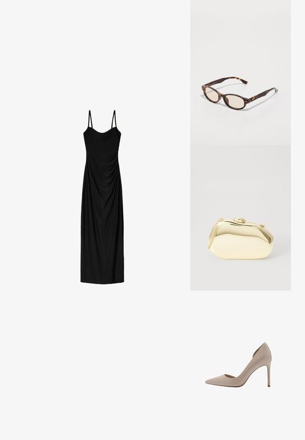 Čierne midi šaty s tenkými nastaviteľnými ramienkami, s prekrývajúcim sa dizajnom a hladkou textúrou. Žiadne viditeľné vzory ani zdobenie.; Béžové lakované lodičky na vysokom podpätku s ostrou špičkou, plytkými výrezmi po stranách a štíhlym podpätkom. Hladká textura s lesklým povrchom.; Kocúrkové slnečné okuliare s guľatým tvarom a svetlými sklami. Majú robustné ramená s malými zlatými akcentmi, vyrobené z plastového materiálu.; Kovová zlatá kabelka s hladkým, zaobleným tvarom, ktorá má horné zapínanie na gombík a malý reťazový popruh na nosenie.