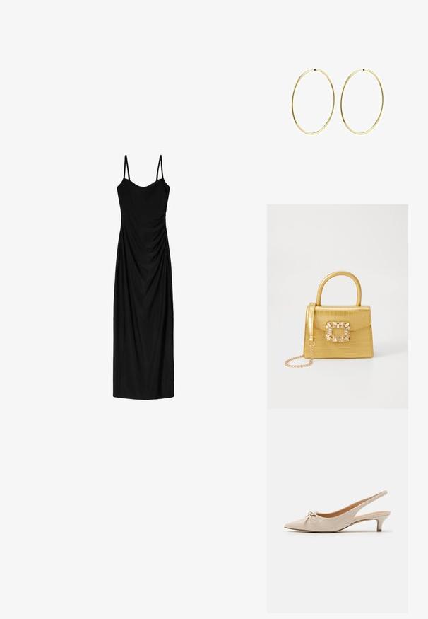 Black midi dress with thin adjustable straps, featuring a draped design and smooth texture. No visible patterns or embellishments.; Beige patent leather slingback heels with a pointed toe and a decorative bow on the vamp. Includes a low, slender heel and smooth texture.; Yellow faux-crocodile handbag with a structured design, top handle, detachable chain strap, and decorative crystal embellishment on the clasp.; Gold hoop earrings with a smooth, rounded design. Thin and lightweight, featuring a continuous loop without any embellishments.