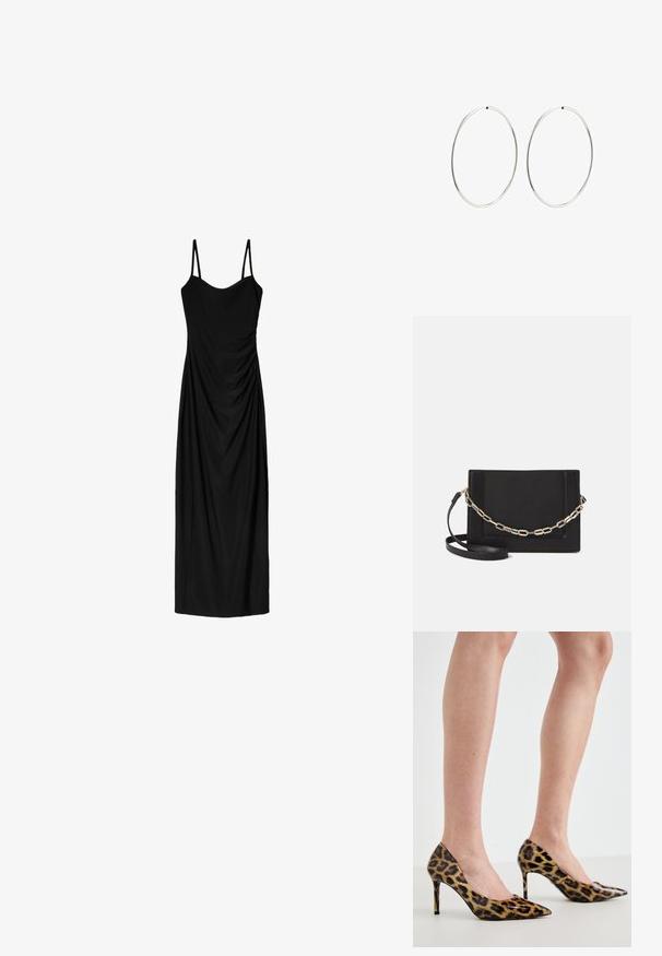 Mustat midi-mekko, jossa on ohuet säädettävät olkaimet. Mekossa on liehuva muotoilu ja sileä pinta. Ei näkyviä kuvioita tai koristeluja.; Leopardikuvioiset korkokengät, joissa on terävä kärki ja kiiltävä materiaali, tyylikkäällä piikkikorkokengällä ja sileällä pinnalla.; Musta nahkainen olkalaukku, jossa on sileä pinta, suorakulmainen muoto ja metalliketju yksityiskohtana edessä. Mukana säädettävä hihna.; Hope hopeita hopeita, joissa on sileä, pyöreä muoto ja kiiltävä pinta. Ne ovat ohuita ja kevyitä, ja niissä on yksinkertainen lukitus.