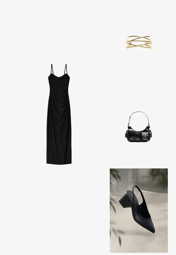 Rochie midi neagră cu bretele subțiri ajustabile, având un design drapat și o textură netedă. Fără modele vizibile sau aplicații.; Cerpici cu toc slingback din piele neagră, cu vârf ascuțit și toc pătrat. Textură netedă, design minimalist și curea ajustabilă la gleznă.; Geantă de mână din piele lăcuită neagră, cu o formă curbată, un umăr, buzunare frontale și accente din metal argintiu.; Bratara din metal de culoare aurie, cu benzi metalice intercalate, cu un finisaj neted și lucios, având un design deschis. Ușoară și minimalistă.