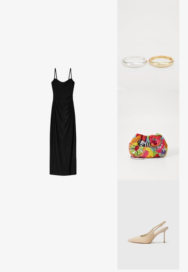 Fekete midi ruha vékony, állítható pántokkal, amely drapált designnal és sima textúrával rendelkezik. Nincsenek látható minták vagy díszítések.; Beige színű, hegyes orrú, texturált anyagból készült magassarkú szandál, vékony sarkával és állítható pántjával.; Több színű, textúrált táska gyöngyös anyagból, bonyolult mintákkal. Zárral és rövid láncos pánttal rendelkezik.; Zign 2 PACK - Karkötő - gold-coloured/silver-coloured