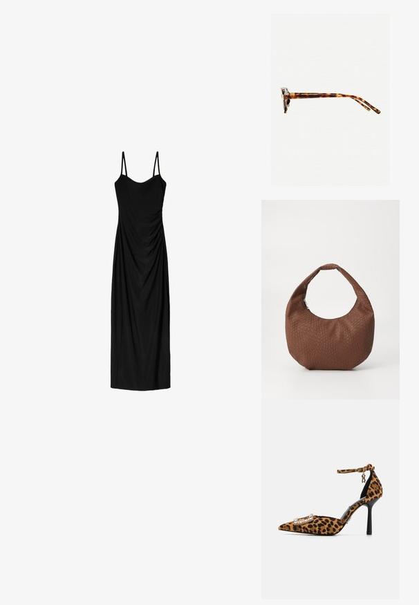 Černé midi šaty s tenkými nastavitelnémi ramínky, s draped designem a hladkou texturou. Žádné viditelné vzory nebo ozdoby.; Lodička s leopardím potiskem, vysokým podpatkem a špičatou špičkou, z sametového materiálu, s kotníkovým páskem a sponou zdobenou krystaly. Černý stiletto podpatek.; Sluneční brýle v želvovinovém designu s tlustým rámem, mírně zakřivenými spánky a hladkým povrchem. Klasický design s lesklým finišem.; Hnědá tkaná kabelka se zaobleným tvarem, vybavená jedním polstrovaným uchem a texturovaným povrchem. Bez viditelného kování nebo dekorací.